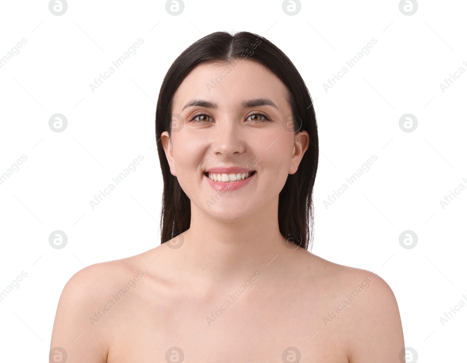 Photo of Portrait of beautiful brunette woman on white background