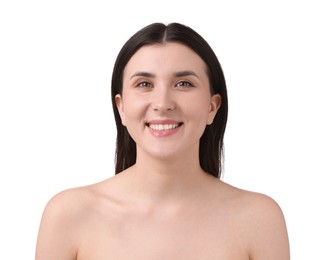 Photo of Portrait of beautiful brunette woman on white background