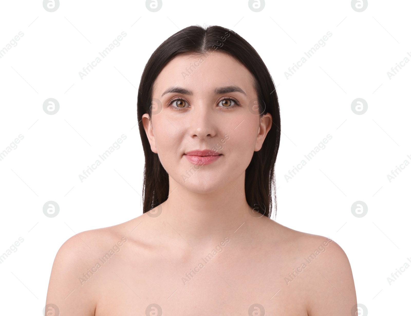 Photo of Portrait of beautiful brunette woman on white background