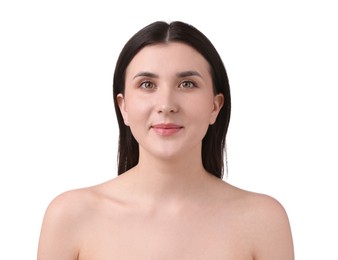 Photo of Portrait of beautiful brunette woman on white background