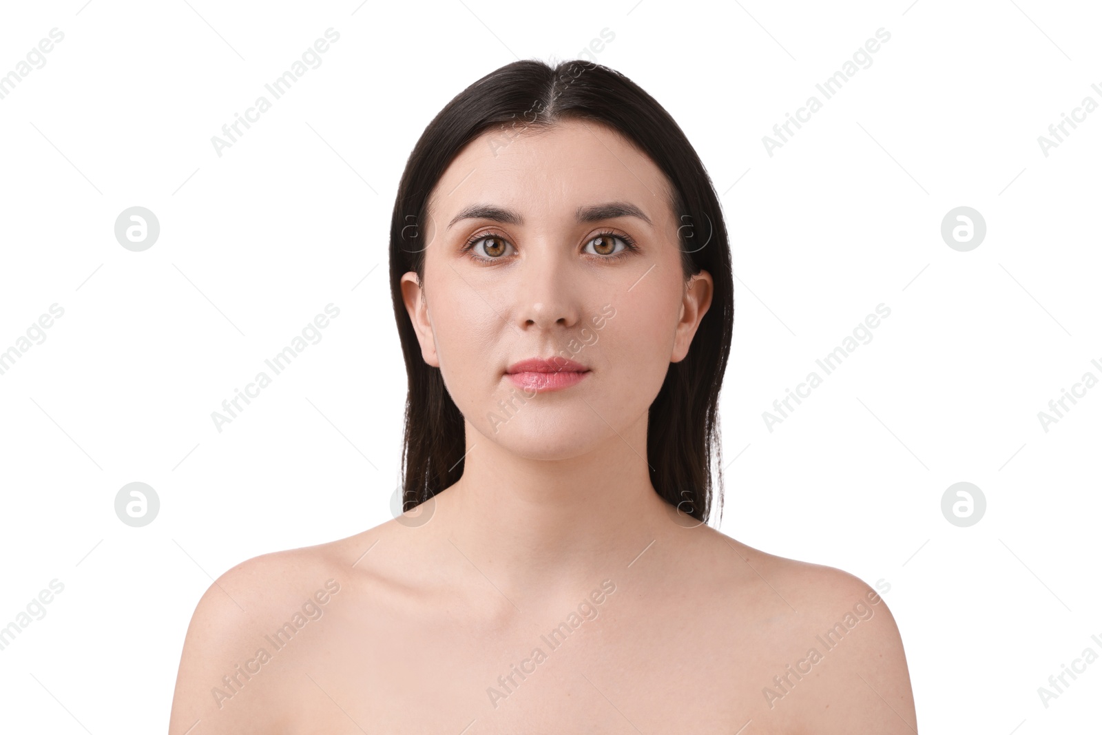 Photo of Portrait of beautiful brunette woman on white background