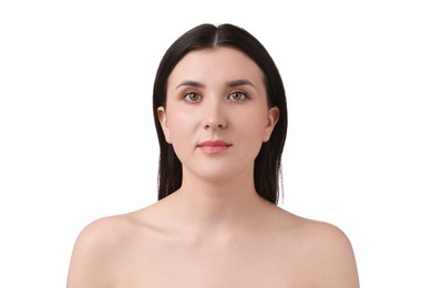 Photo of Portrait of beautiful brunette woman on white background