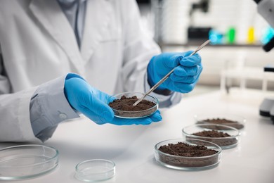 Photo of Scientist taking soil sample for research at white table in laboratory, closeup
