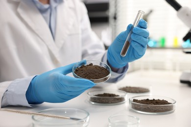 Photo of Scientist holding Petri dish with soil sample and test tube at white table in laboratory, closeup
