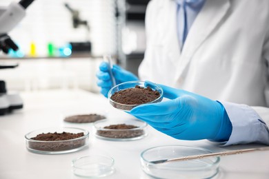 Photo of Scientist holding Petri dish with soil sample at white table indoors, closeup