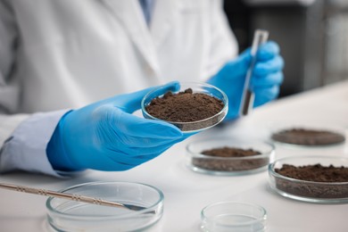 Photo of Scientist holding Petri dish with soil sample and test tube at white table in laboratory, closeup