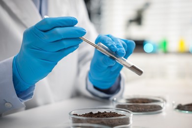 Photo of Scientist taking soil sample for research at white table in laboratory, closeup