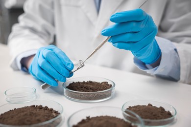 Photo of Scientist taking soil sample for research at white table in laboratory, closeup