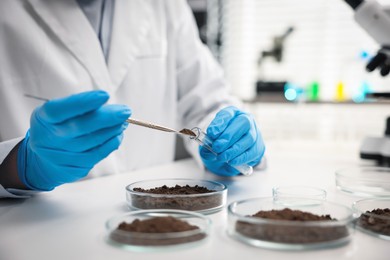 Photo of Scientist taking soil sample for research at white table in laboratory, closeup