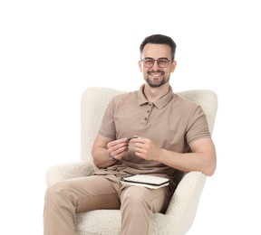 Photo of Professional psychologist with notebook in armchair on white background