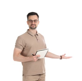 Photo of Professional psychologist with notebook on white background