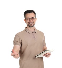 Photo of Professional psychologist with notebook on white background