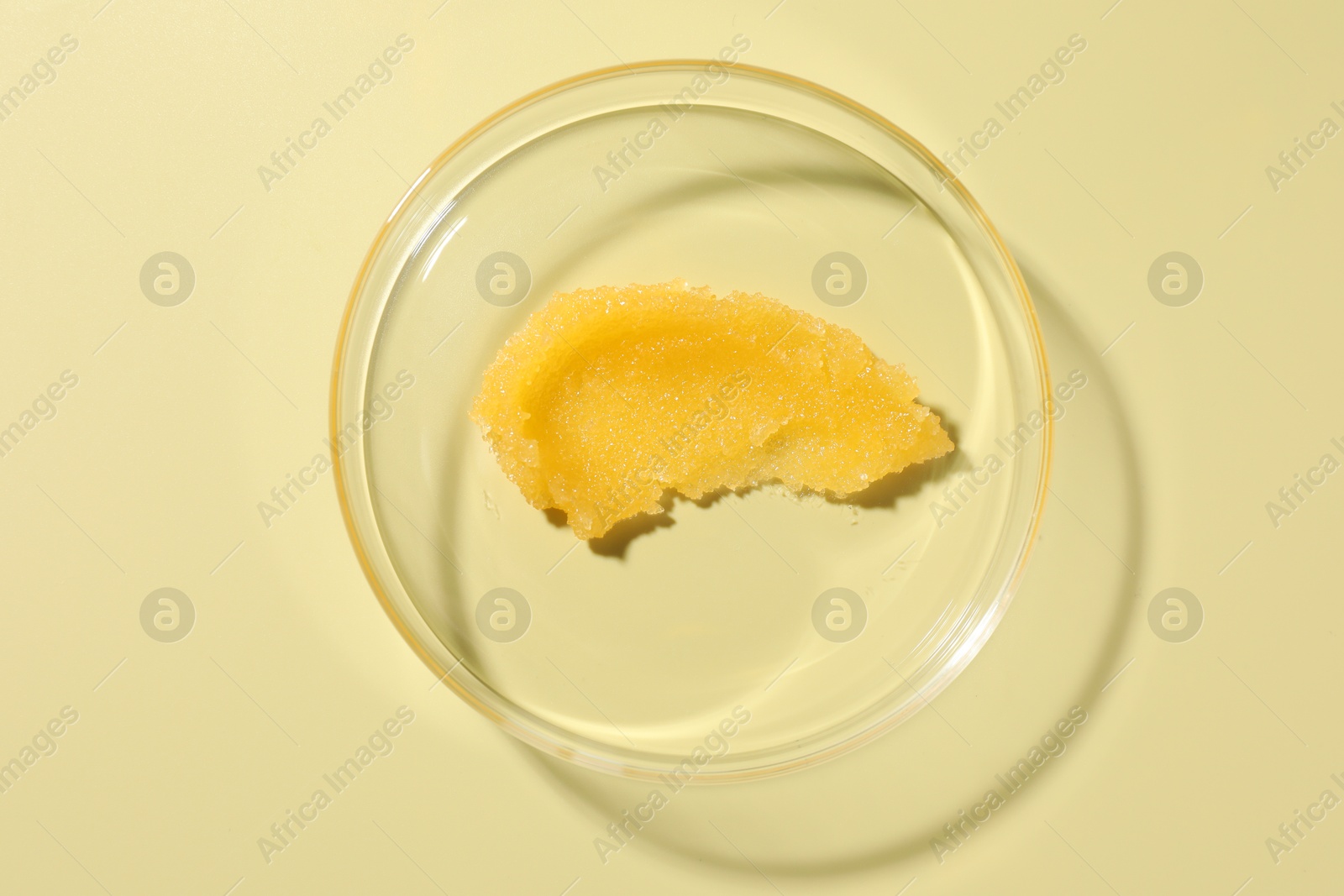 Cosmetic product in Petri dish on pale yellow background, top view Photo of Cosmetic product in Petri dish on pale yellow background, top view