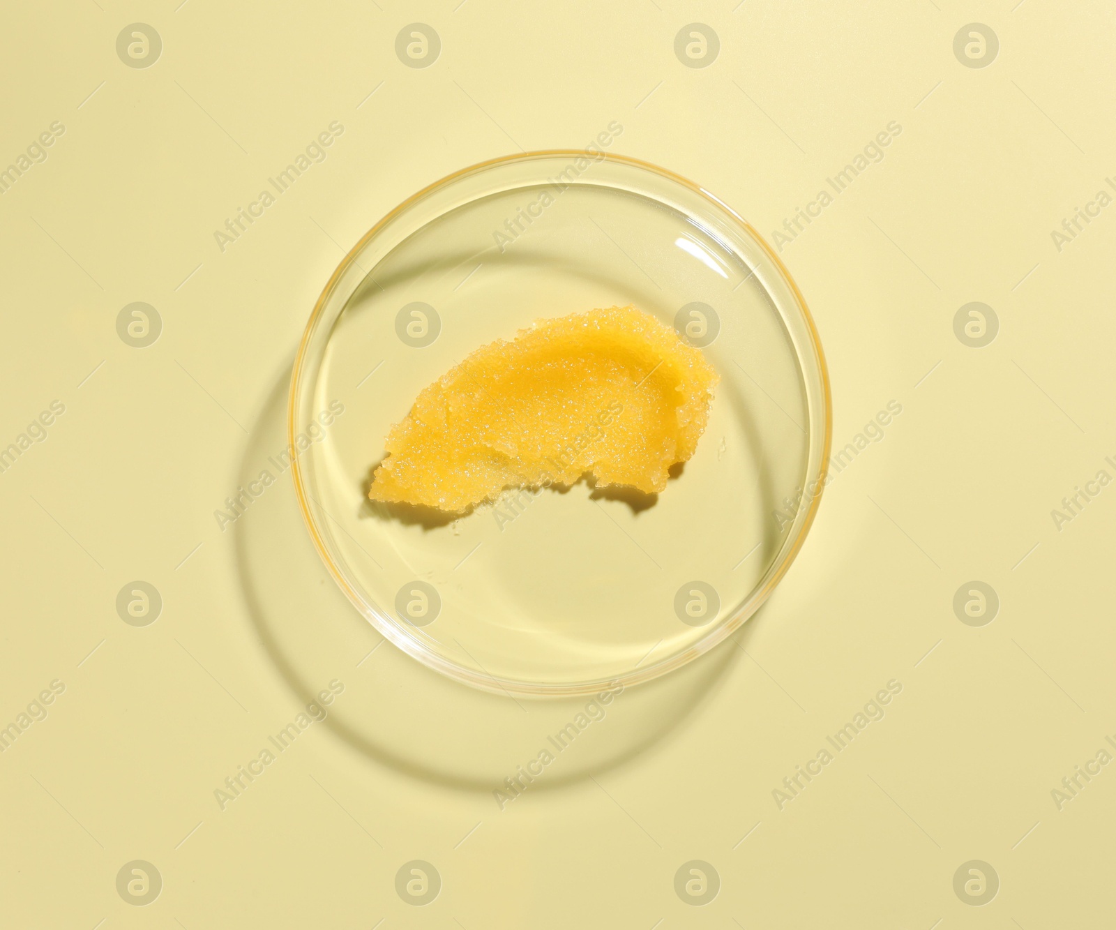 Cosmetic product in Petri dish on pale yellow background, top view Photo of Cosmetic product in Petri dish on pale yellow background, top view