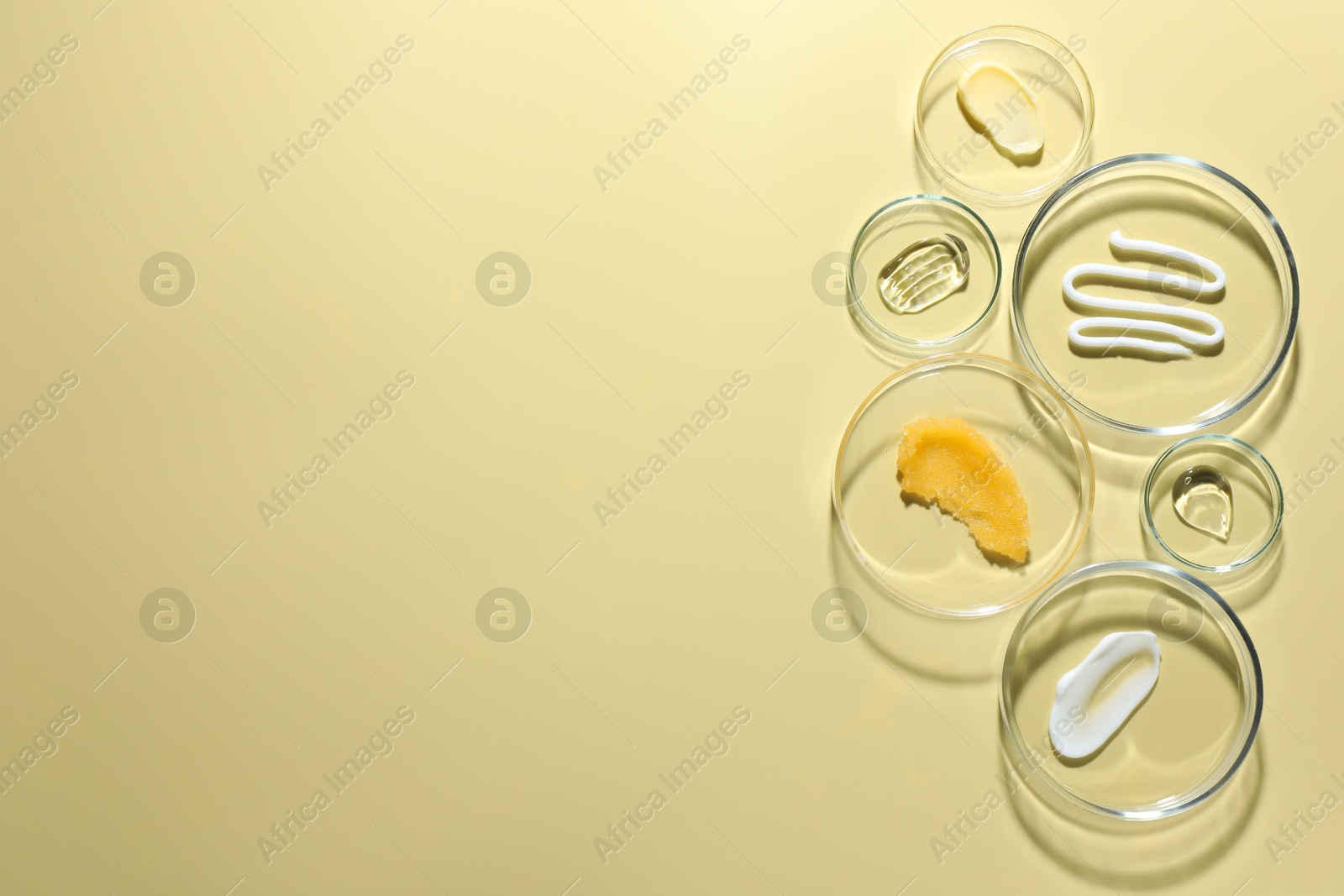 Different cosmetic products in Petri dishes on pale yellow background, flat lay. Space for text Photo of Different cosmetic products in Petri dishes on pale yellow background, flat lay. Space for text