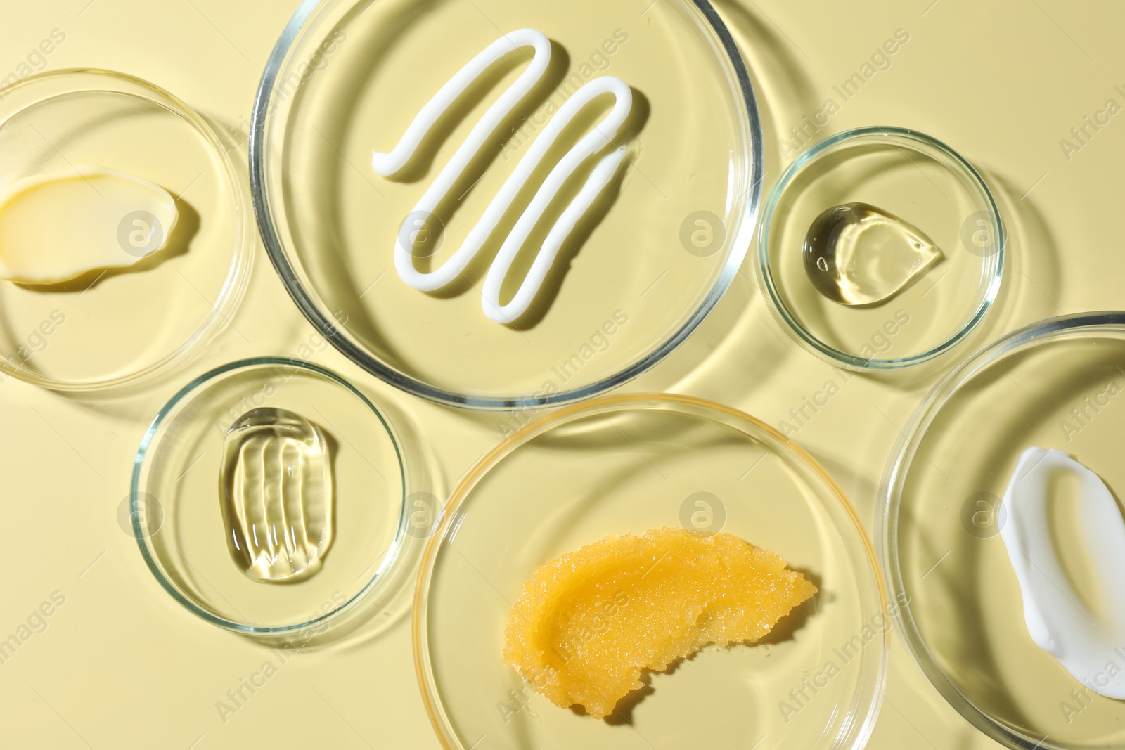 Different cosmetic products in Petri dishes on pale yellow background, flat lay Photo of Different cosmetic products in Petri dishes on pale yellow background, flat lay