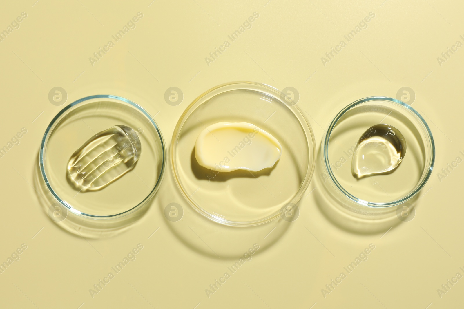 Different cosmetic products in Petri dishes on pale yellow background, flat lay Photo of Different cosmetic products in Petri dishes on pale yellow background, flat lay