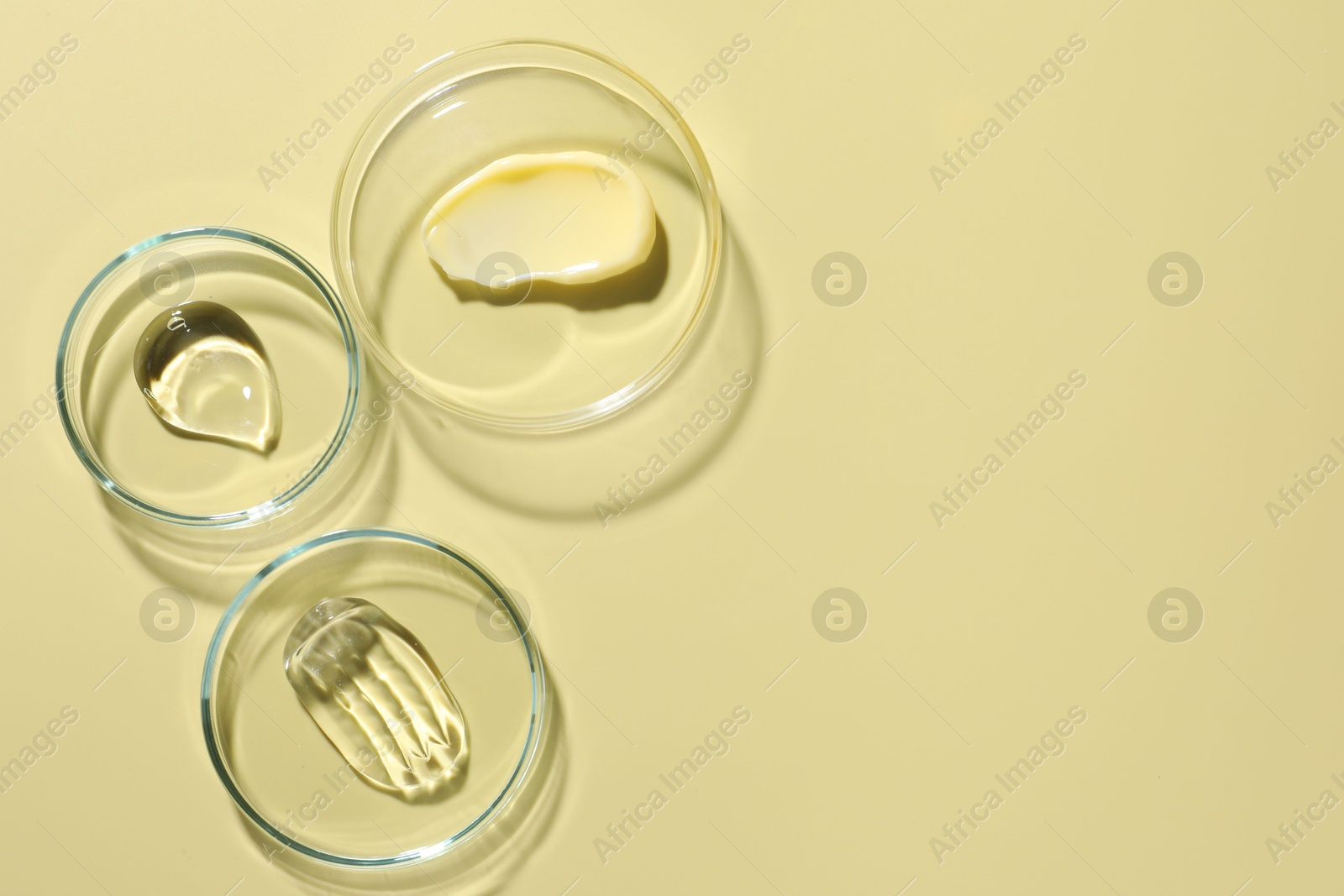 Different cosmetic products in Petri dishes on pale yellow background, flat lay. Space for text Photo of Different cosmetic products in Petri dishes on pale yellow background, flat lay. Space for text