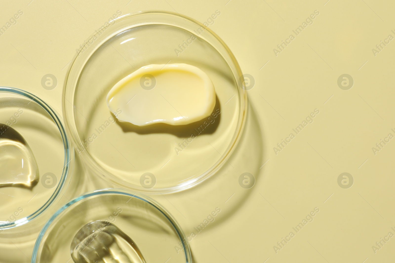 Different cosmetic products in Petri dishes on pale yellow background, flat lay. Space for text Photo of Different cosmetic products in Petri dishes on pale yellow background, flat lay. Space for text