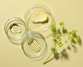 Photo of Different cosmetic products in Petri dishes and floral decor on pale yellow background, flat lay