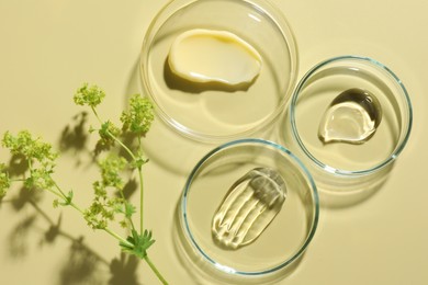 Photo of Different cosmetic products in Petri dishes and floral decor on pale yellow background, flat lay