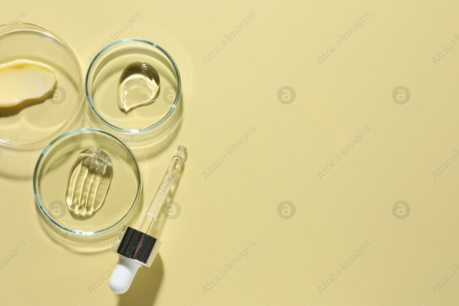 Different cosmetic products in Petri dishes and dropper on pale yellow background, flat lay. Space for text Photo of Different cosmetic products in Petri dishes and dropper on pale yellow background, flat lay. Space for text
