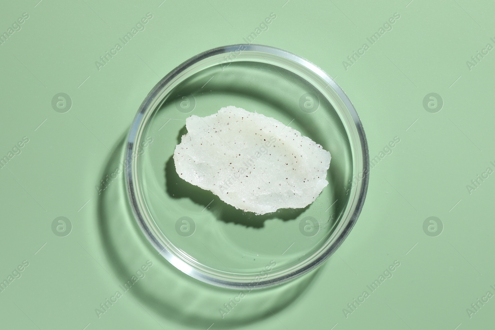 Cosmetic product in Petri dish on green background, top view Photo of Cosmetic product in Petri dish on green background, top view