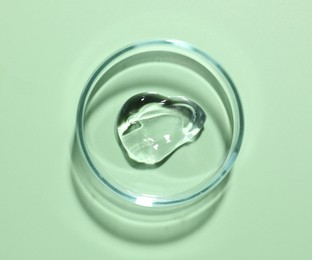 Photo of Cosmetic product in Petri dish on green background, top view