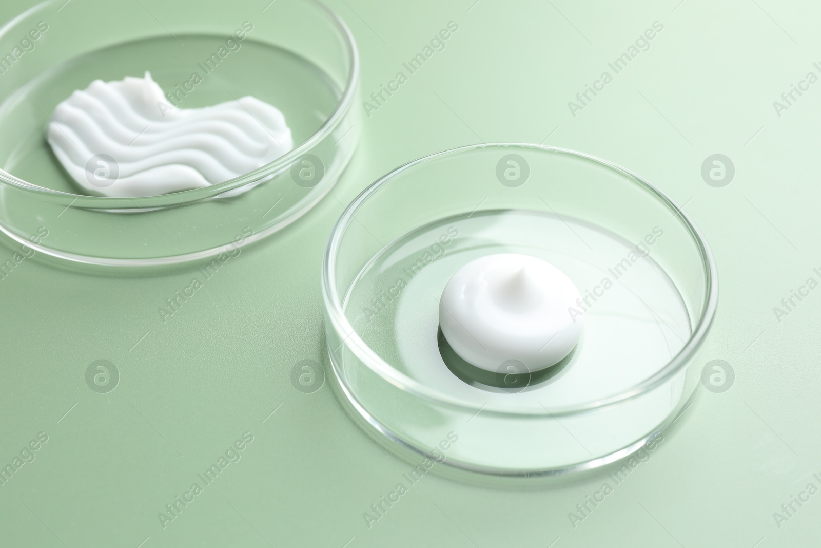 Different cosmetic products in Petri dishes on green background, closeup Photo of Different cosmetic products in Petri dishes on green background, closeup
