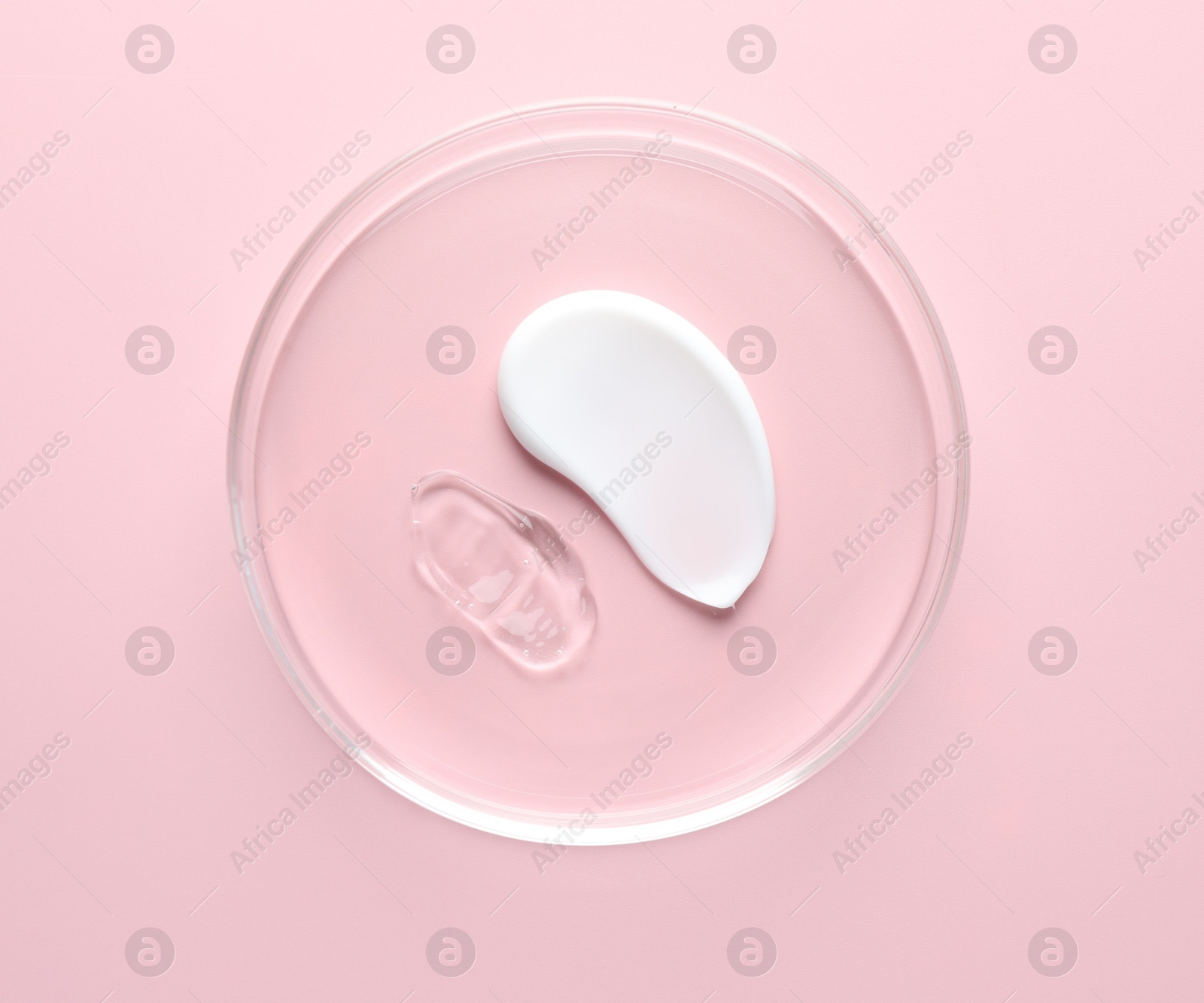 Different cosmetic products in Petri dish on pink background, top view Photo of Different cosmetic products in Petri dish on pink background, top view