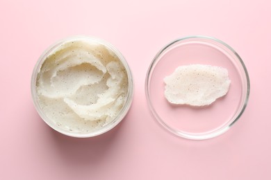 Photo of Natural scrub in Petri dish and jar of cosmetic product on pink background, flat lay