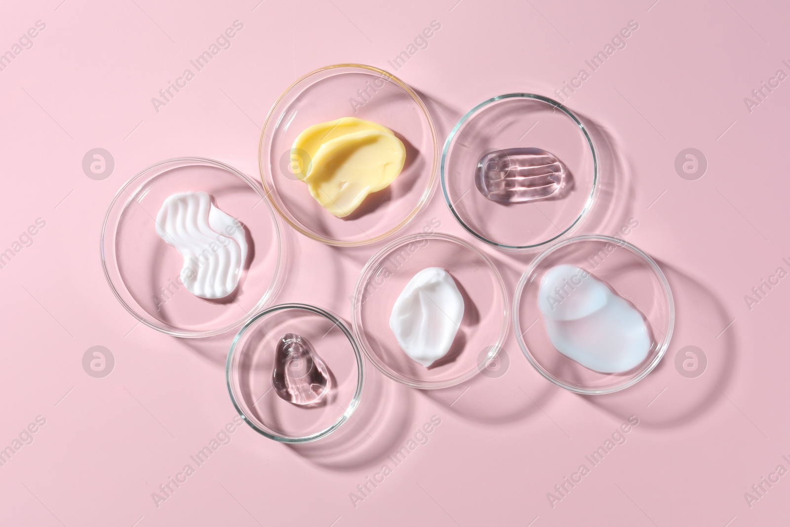 Different cosmetic products in Petri dishes on pink background, flat lay Photo of Different cosmetic products in Petri dishes on pink background, flat lay