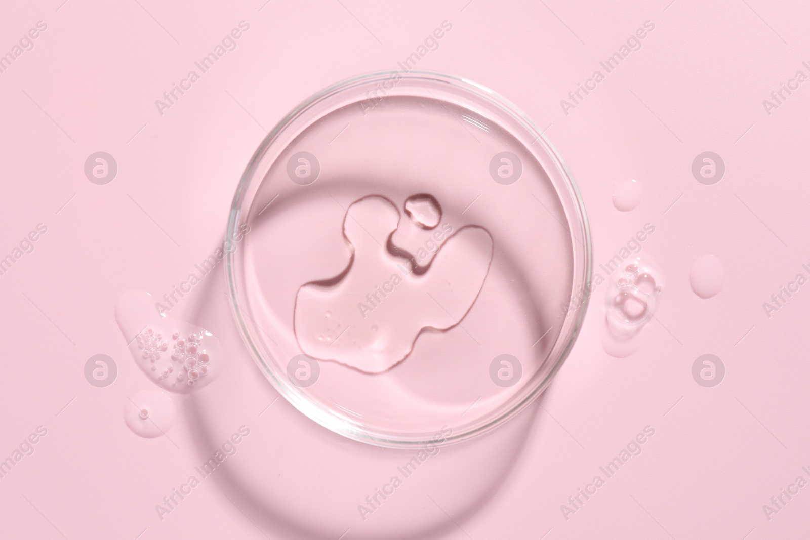 Cosmetic product in Petri dish on pink background, top view Photo of Cosmetic product in Petri dish on pink background, top view