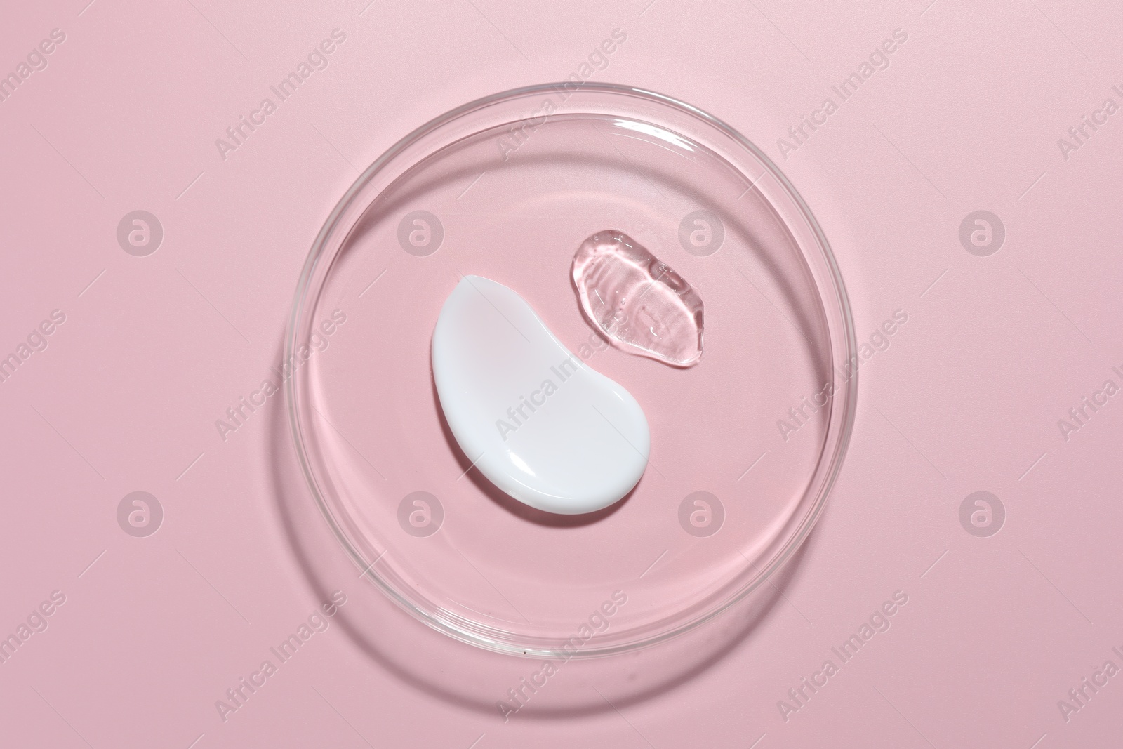 Different cosmetic products in Petri dish on pink background, top view Photo of Different cosmetic products in Petri dish on pink background, top view