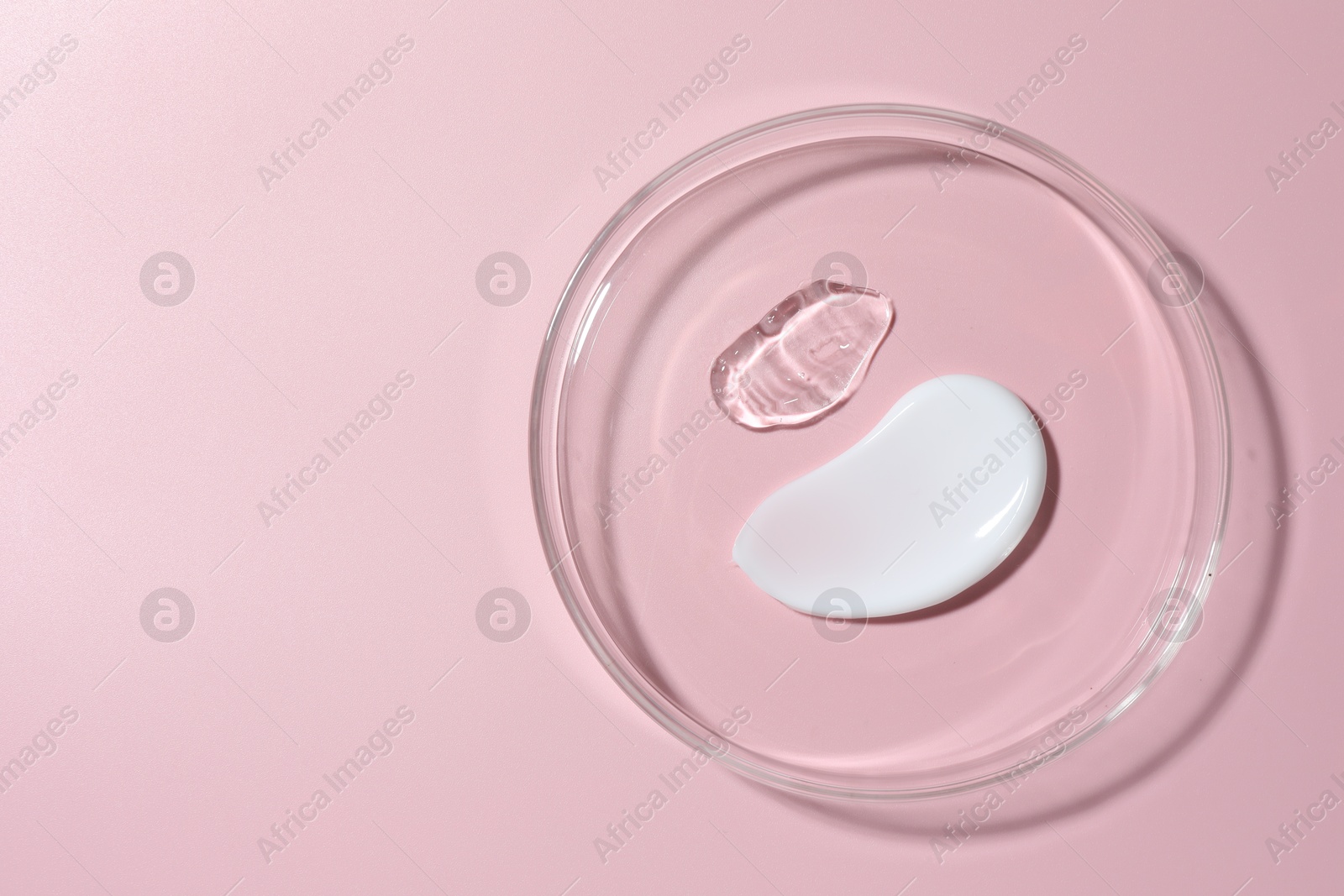 Different cosmetic products in Petri dish on pink background, top view. Space for text Photo of Different cosmetic products in Petri dish on pink background, top view. Space for text