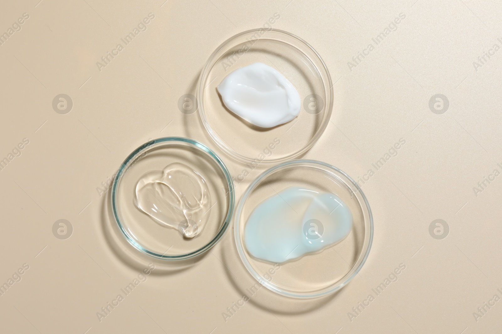 Different cosmetic products in Petri dishes on beige background, flat lay Photo of Different cosmetic products in Petri dishes on beige background, flat lay