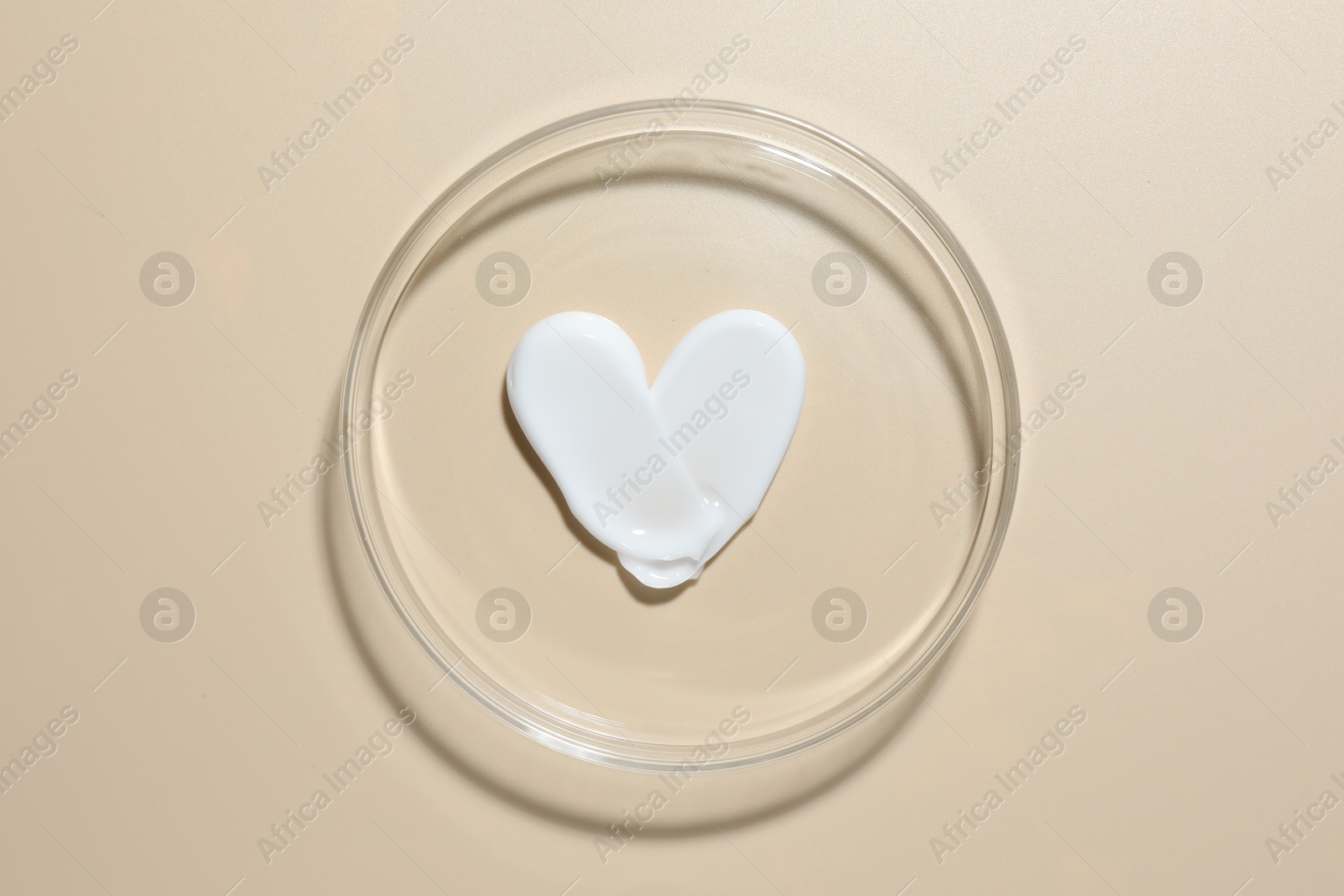Cosmetic product in Petri dish on beige background, top view Photo of Cosmetic product in Petri dish on beige background, top view