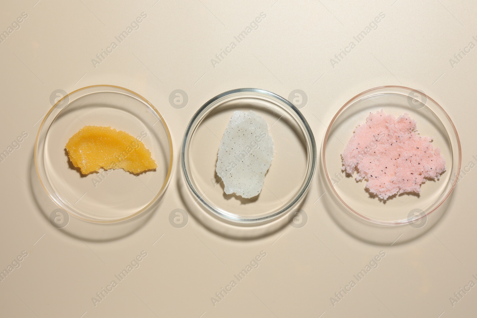 Different cosmetic products in Petri dishes on beige background, flat lay Photo of Different cosmetic products in Petri dishes on beige background, flat lay