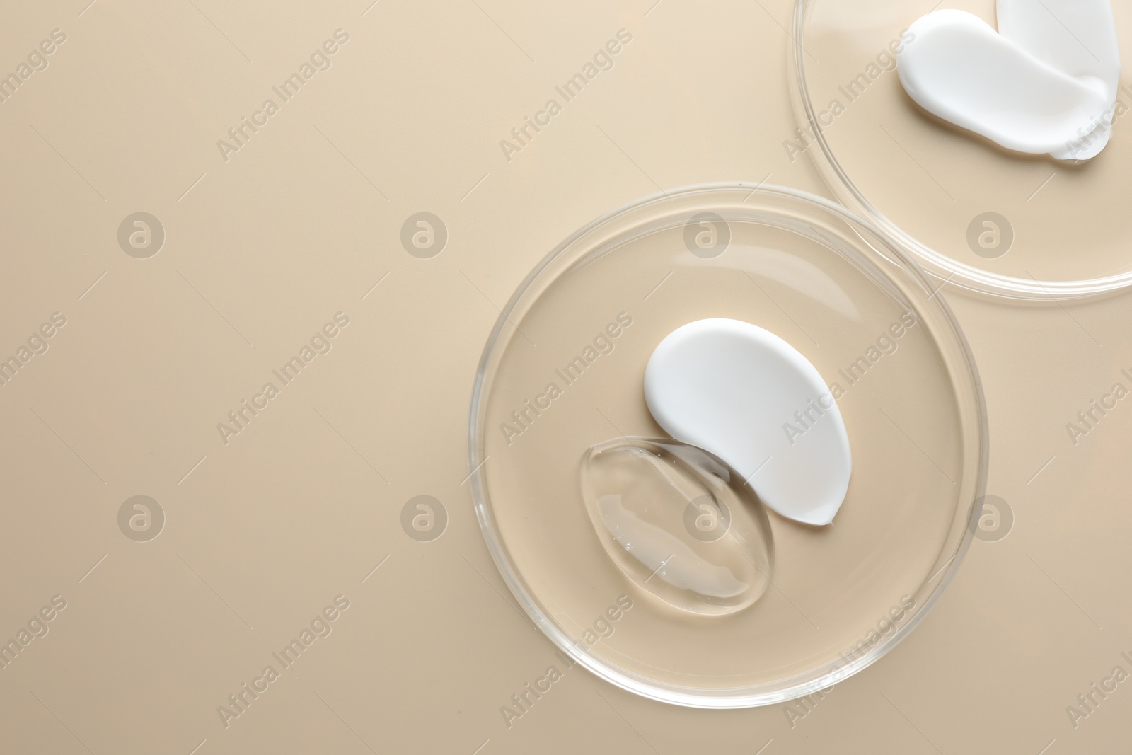Different cosmetic products in Petri dishes on beige background, flat lay. Space for text Photo of Different cosmetic products in Petri dishes on beige background, flat lay. Space for text