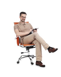 Photo of Professional psychologist with clipboard in armchair on white background