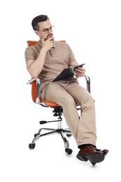 Photo of Professional psychologist with clipboard in armchair on white background