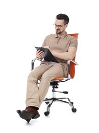 Photo of Professional psychologist with clipboard in armchair on white background