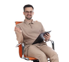 Photo of Professional psychologist with clipboard in armchair on white background