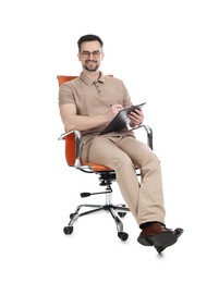 Photo of Professional psychologist with clipboard in armchair on white background
