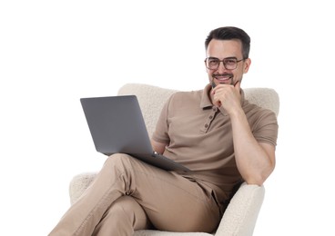 Photo of Professional psychologist having online consultation with his client via laptop on white background