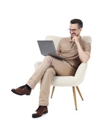Photo of Professional psychologist having online consultation with his client via laptop on white background