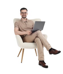 Photo of Professional psychologist having online consultation with his client via laptop on white background
