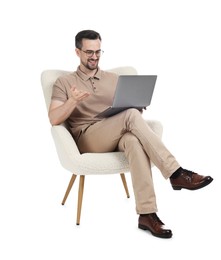 Photo of Professional psychologist having online consultation with his client via laptop on white background