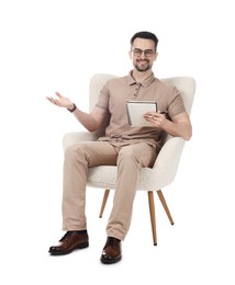 Photo of Professional psychologist with notebook in armchair on white background