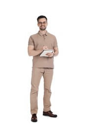 Photo of Professional psychologist with notebook on white background
